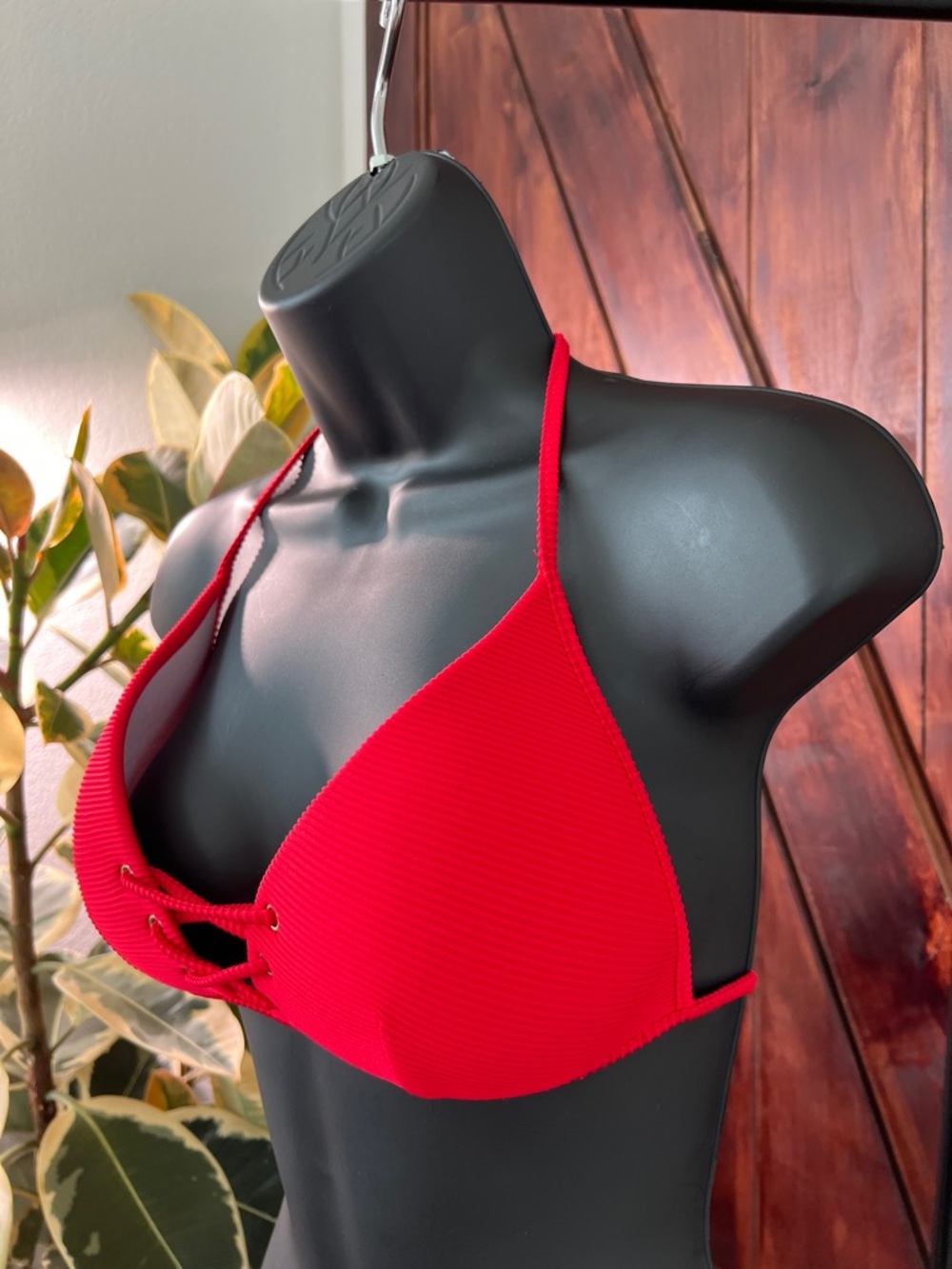 Red Ribbed Lace-Up Triangle Bikini Top - Picture 2 of 8